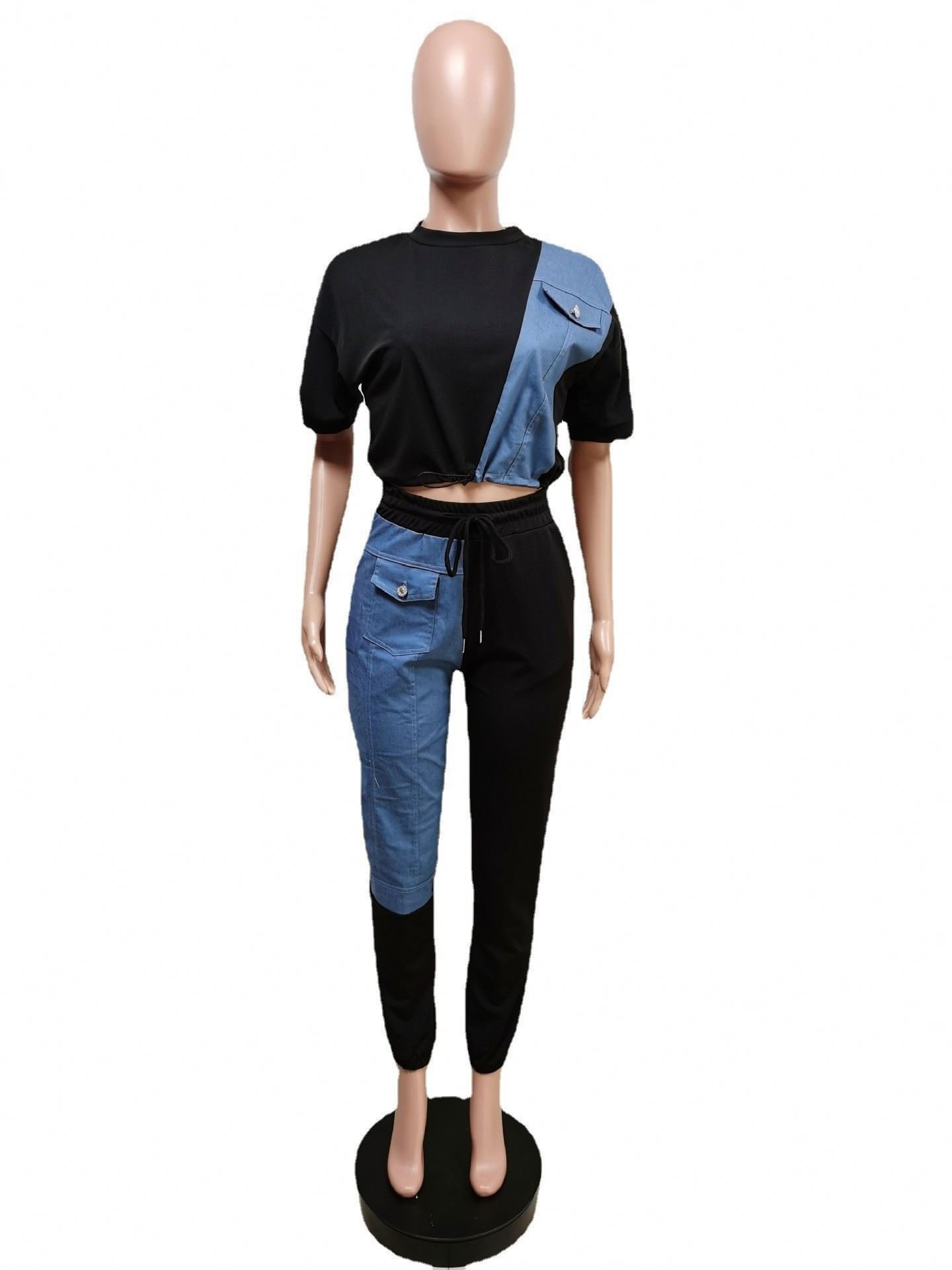 2024 Hot Sale Clothing Women Casual Patchwork Short Sleeve Crop Top Two Piece Pants Set Women's Denim Sets