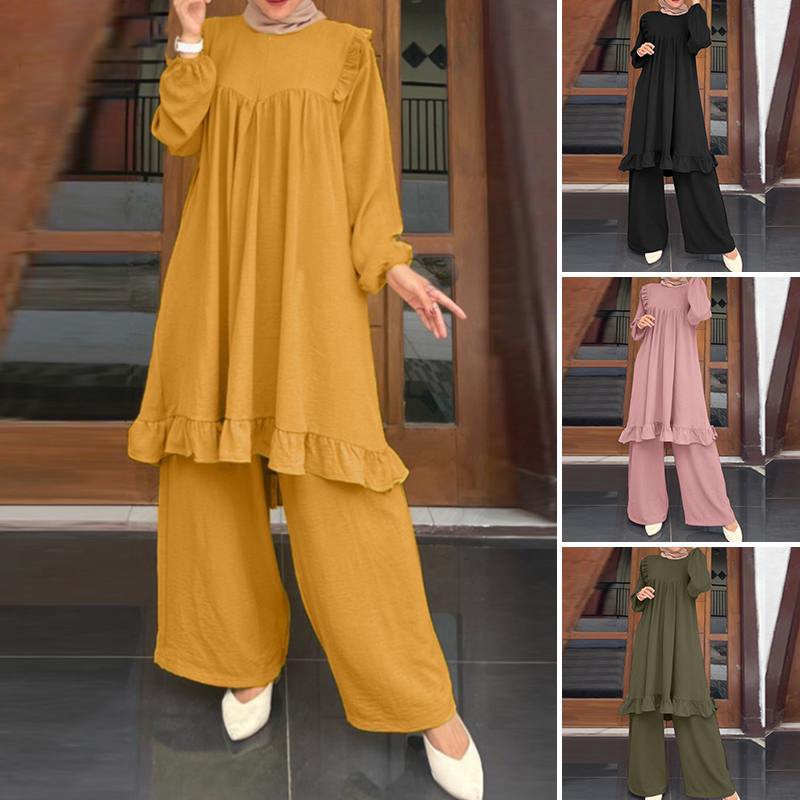 middle East islamic dress high quality two piece plain color set slim fit muslim women abaya collection garment manufacturers