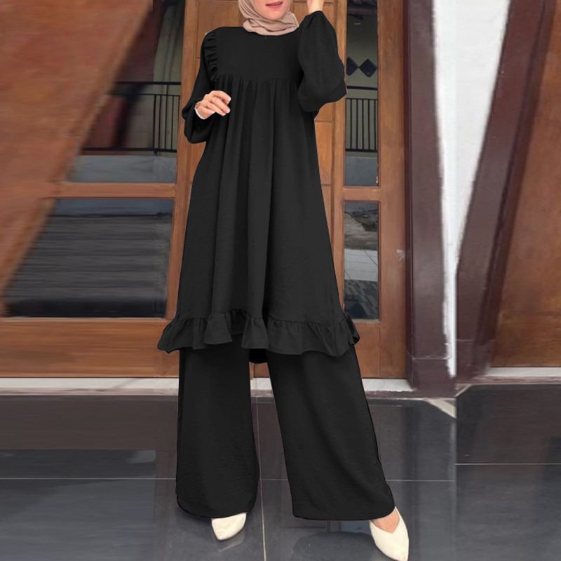 middle East islamic dress high quality two piece plain color set slim fit muslim women abaya collection garment manufacturers