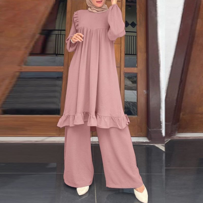 middle East islamic dress high quality two piece plain color set slim fit muslim women abaya collection garment manufacturers