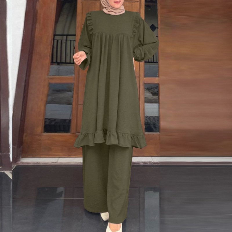middle East islamic dress high quality two piece plain color set slim fit muslim women abaya collection garment manufacturers