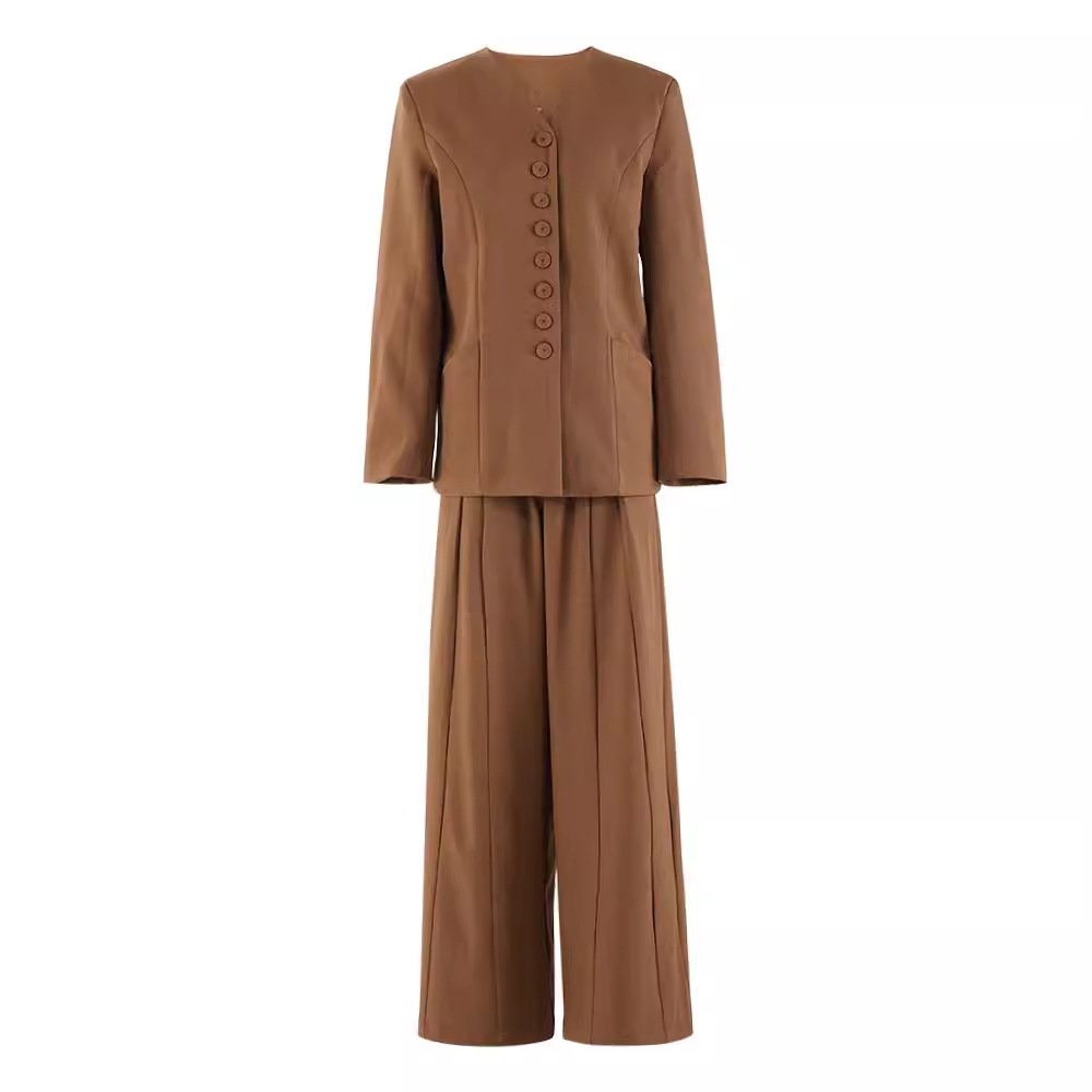 Boutique Wholesale 2024 Autumn New Fashion V-neck Single Breasted Coat with Straight Pants Women's Set