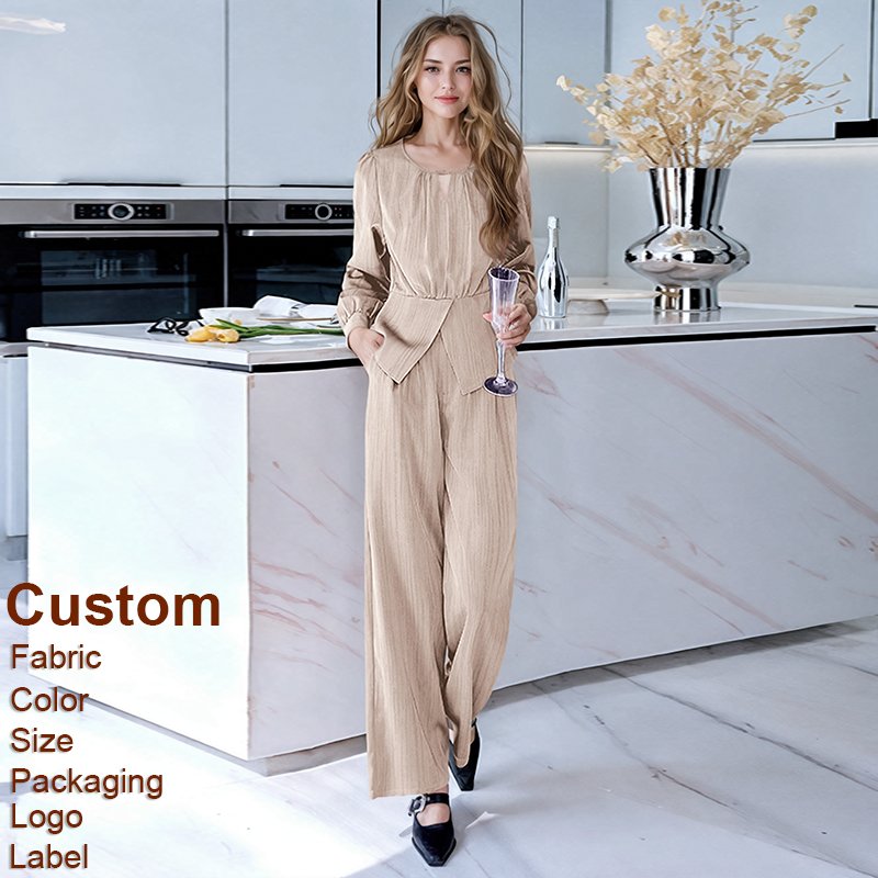 Custom Women's Set Of 2 Pieces Autumn and Spring New Office Round Neck Long Sleeves Shirt Top Long Pants Ladies' Two-piece Set