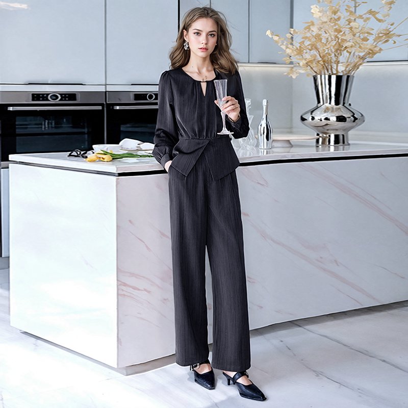 Custom Women's Set Of 2 Pieces Autumn and Spring New Office Round Neck Long Sleeves Shirt Top Long Pants Ladies' Two-piece Set