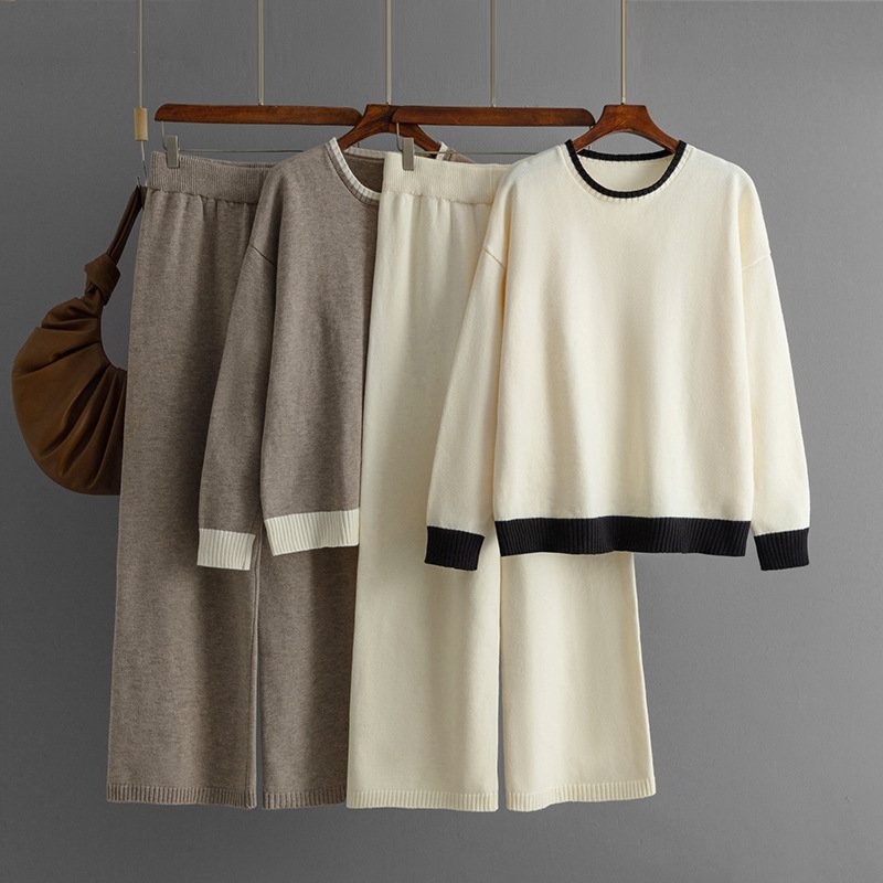 Wholesale 2024 Autumn/Winter New Style Temperament Contrast Color Round Neck Knitted Slim Wide Leg Pants Women's Set