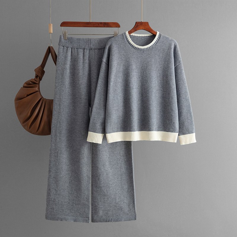 Wholesale 2024 Autumn/Winter New Style Temperament Contrast Color Round Neck Knitted Slim Wide Leg Pants Women's Set