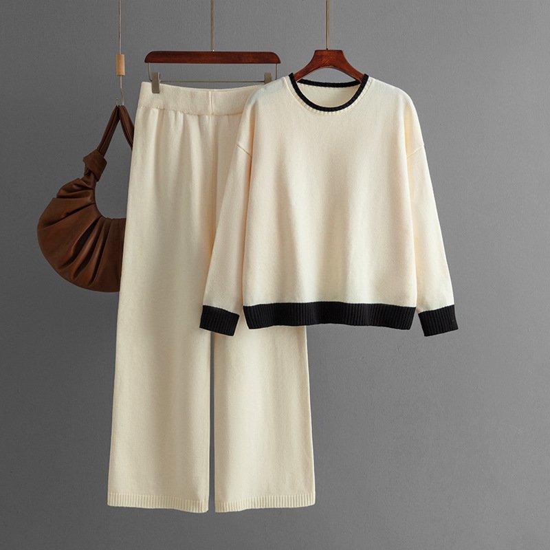 Wholesale 2024 Autumn/Winter New Style Temperament Contrast Color Round Neck Knitted Slim Wide Leg Pants Women's Set