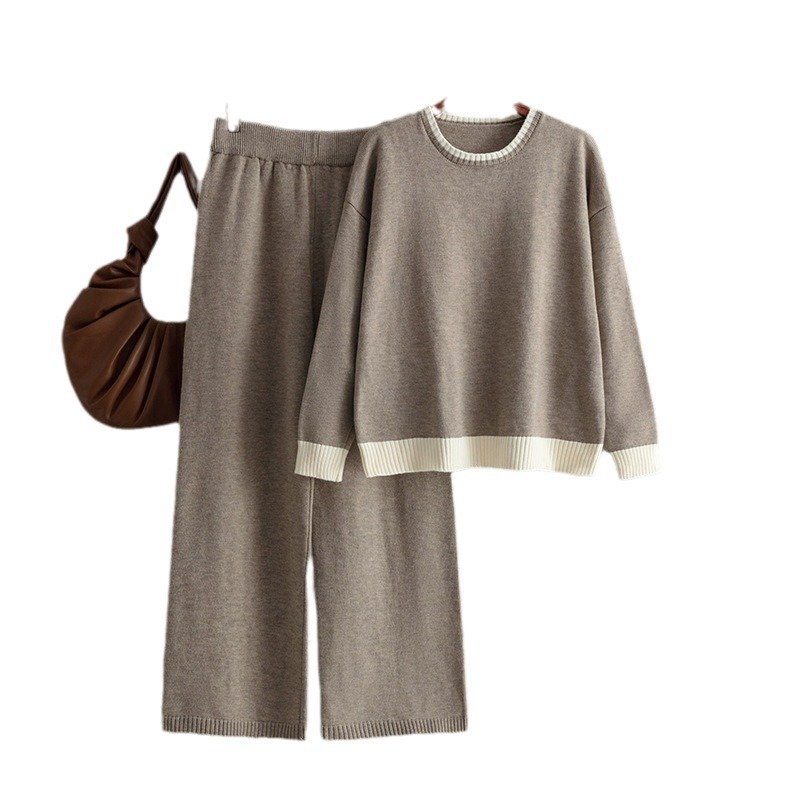 Wholesale 2024 Autumn/Winter New Style Temperament Contrast Color Round Neck Knitted Slim Wide Leg Pants Women's Set