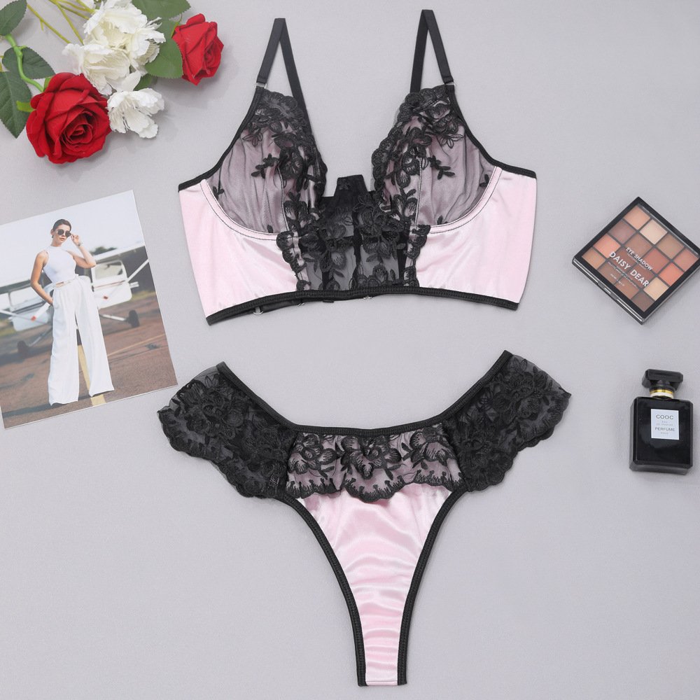 2024 Women's Fashion Sexy Underwear Lace Embroidery Collage Imitation Silk Fun Underwear Two Piece Set for Women