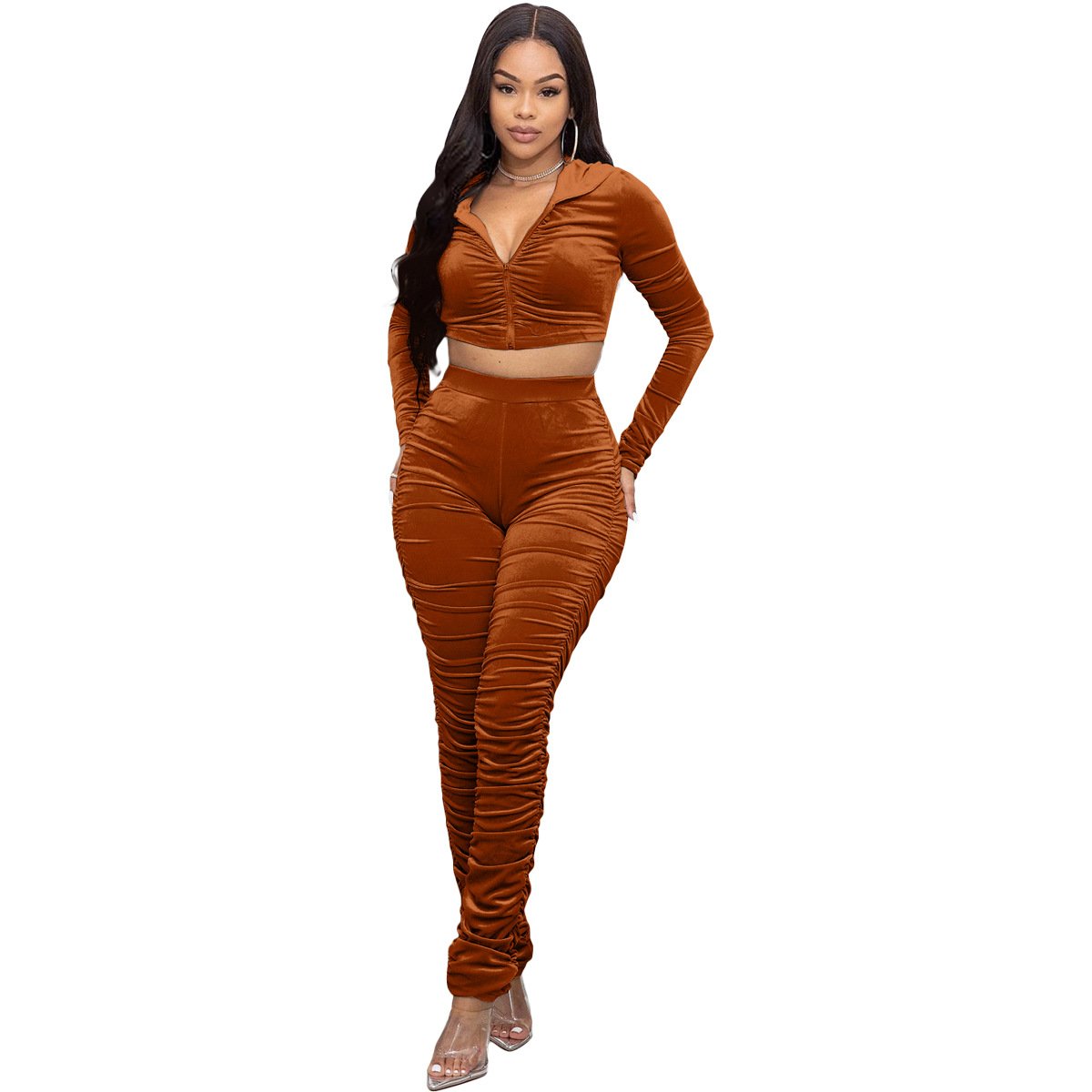 2024 New Streetwear Velvet Tracksuits Sexy Custom Embroidery Logo Long Sleeve Short Jogger Gym 2 Piece Elegant Women'S Sets