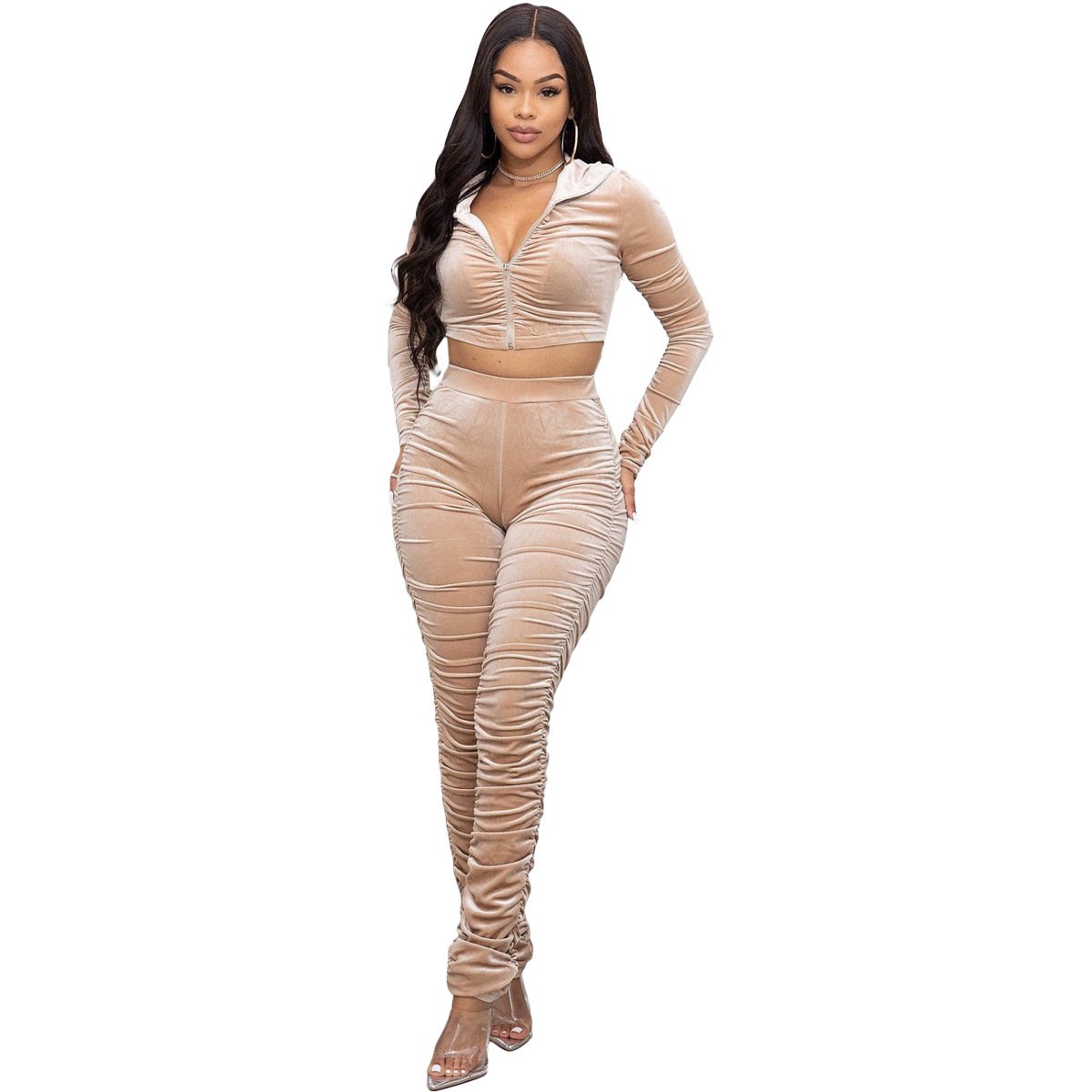 2024 New Streetwear Velvet Tracksuits Sexy Custom Embroidery Logo Long Sleeve Short Jogger Gym 2 Piece Elegant Women'S Sets