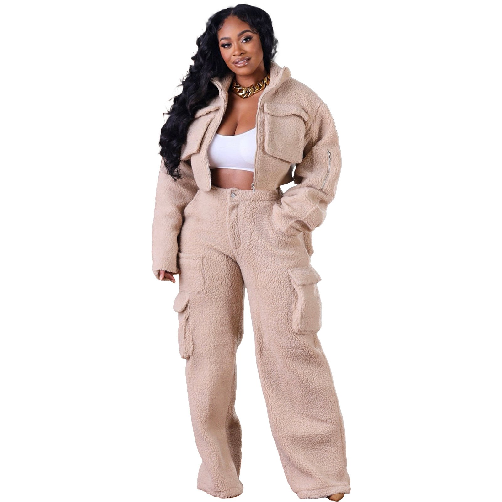Winter Warm Thick Women's Fleece Set Long Sleeve Full Zipper Cargo Pockets Pants Women Two Piece Set For Winter