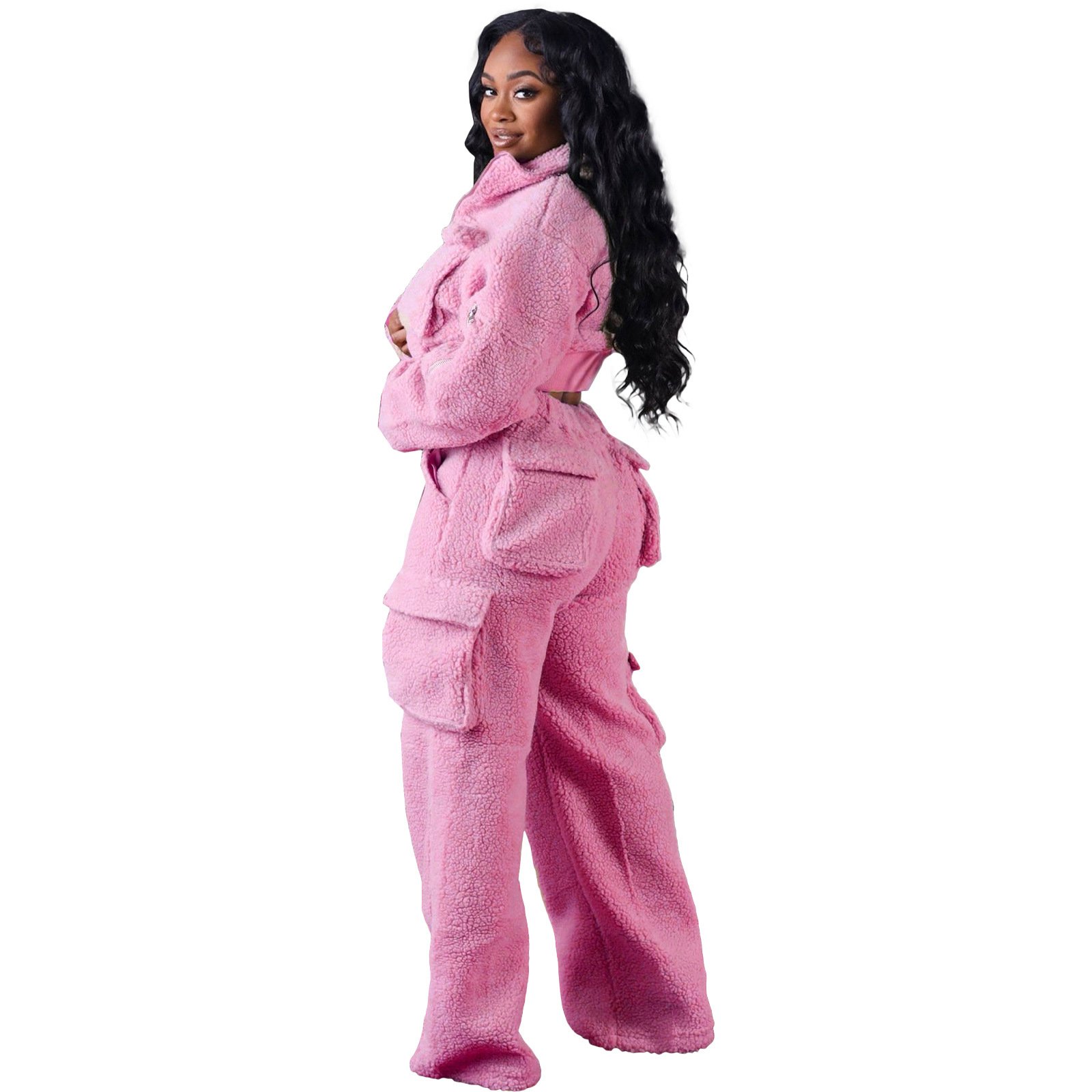 Winter Warm Thick Women's Fleece Set Long Sleeve Full Zipper Cargo Pockets Pants Women Two Piece Set For Winter