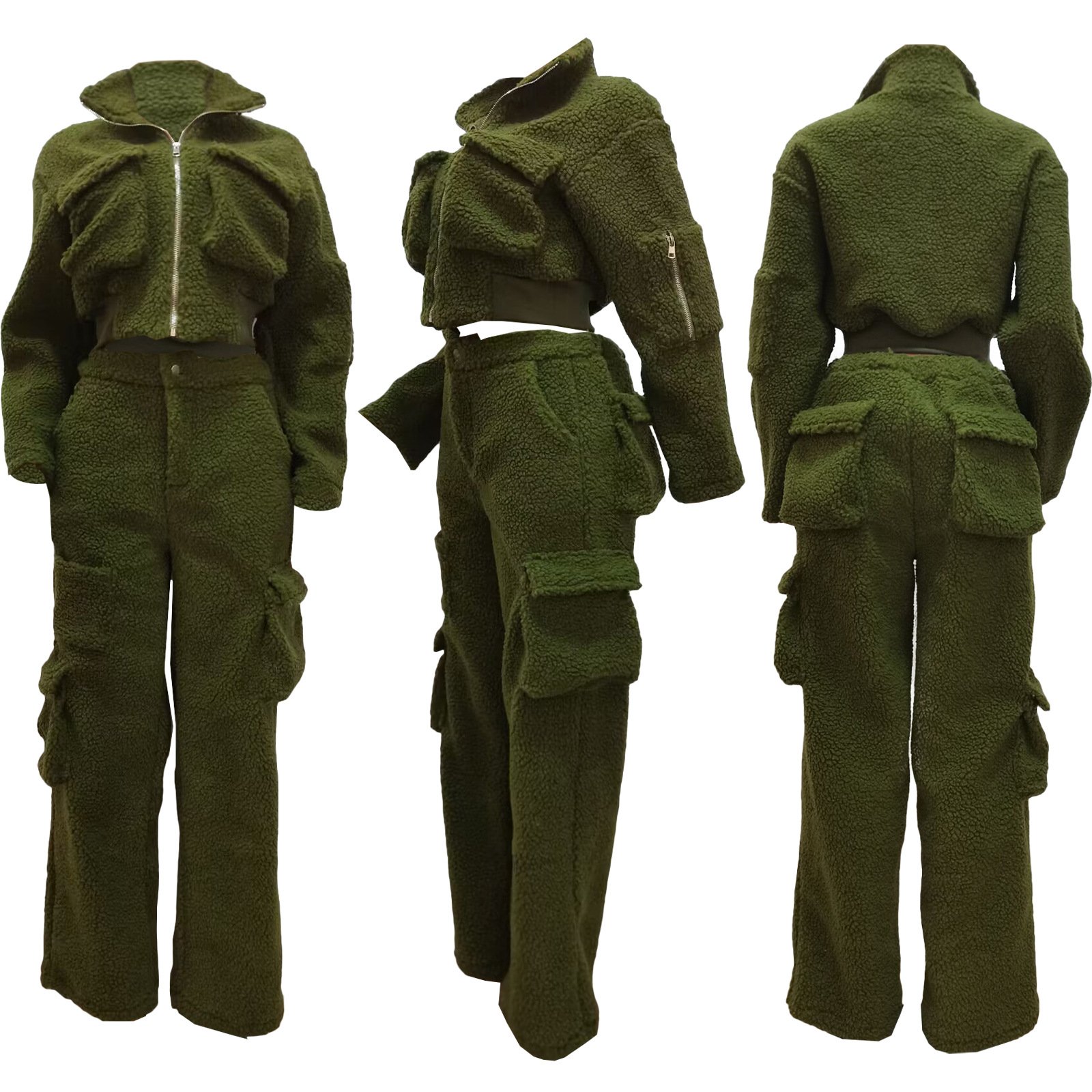 Winter Warm Thick Women's Fleece Set Long Sleeve Full Zipper Cargo Pockets Pants Women Two Piece Set For Winter