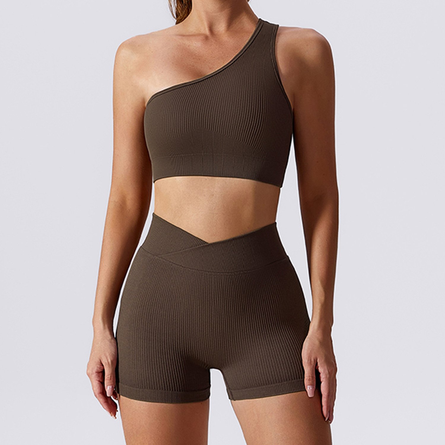 Women's Beauty Back One Shoulder Yoga Bra and Cross Waist Workout Shorts 2 Pieces Seamless Sports Fitness Clothing 2023