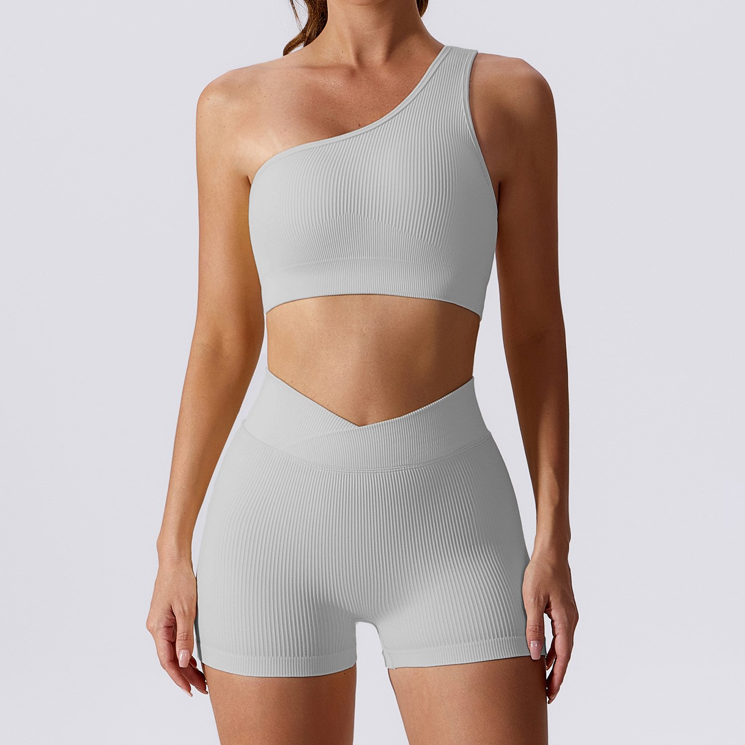 Women's Beauty Back One Shoulder Yoga Bra and Cross Waist Workout Shorts 2 Pieces Seamless Sports Fitness Clothing 2023