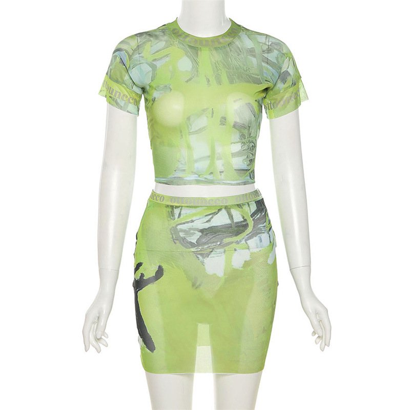 Spring Summer New Women's Skirt Set Short Sleeve Tight Hip Full Printing Green Color Sexy 2 Piece Set Women Shorts Set