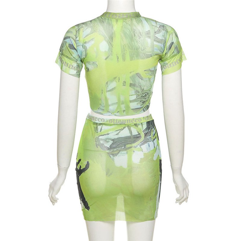 Spring Summer New Women's Skirt Set Short Sleeve Tight Hip Full Printing Green Color Sexy 2 Piece Set Women Shorts Set