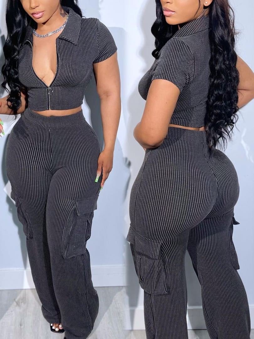 Women'S Clothing Fall Casual Solid Ribbed Lounge wear Short Sleeve Crop Top Long Pant Two Piece Set Women Sets