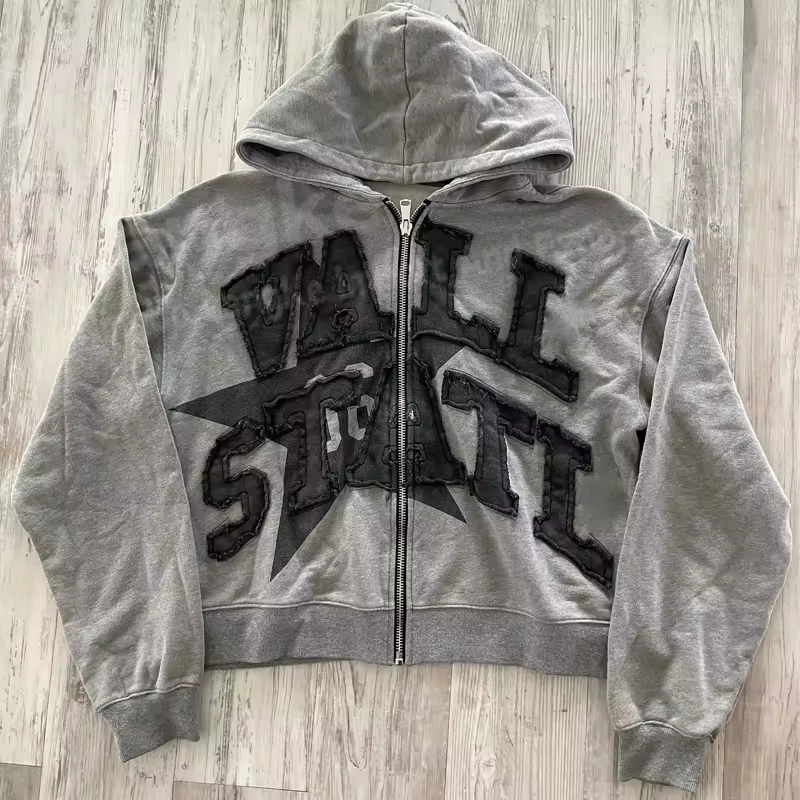 Custom High Quality Streetwear Hoodie Fleece Blank Zip Up Vintage Double Layer Acid Wash Sun Faded Distressed Pockets Hoodies