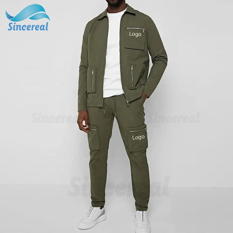 Wholesale Cargo Set Custom Own Logo Two Piece Set Cargo Jacket & Pants Tracksuit for men