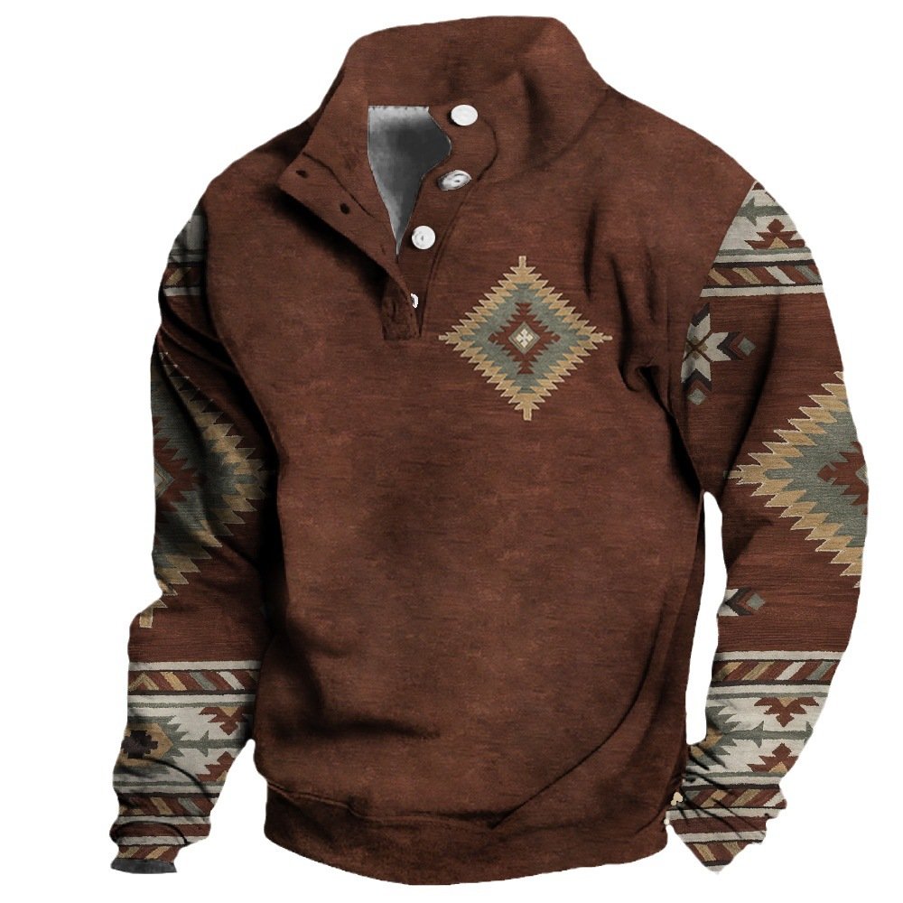 OEM custom men's hoodie fashion popular geometric tribal style stand-up collar button pullover loose street wear tops