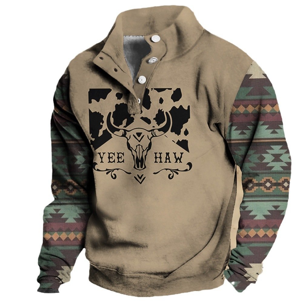 OEM custom men's hoodie fashion popular geometric tribal style stand-up collar button pullover loose street wear tops