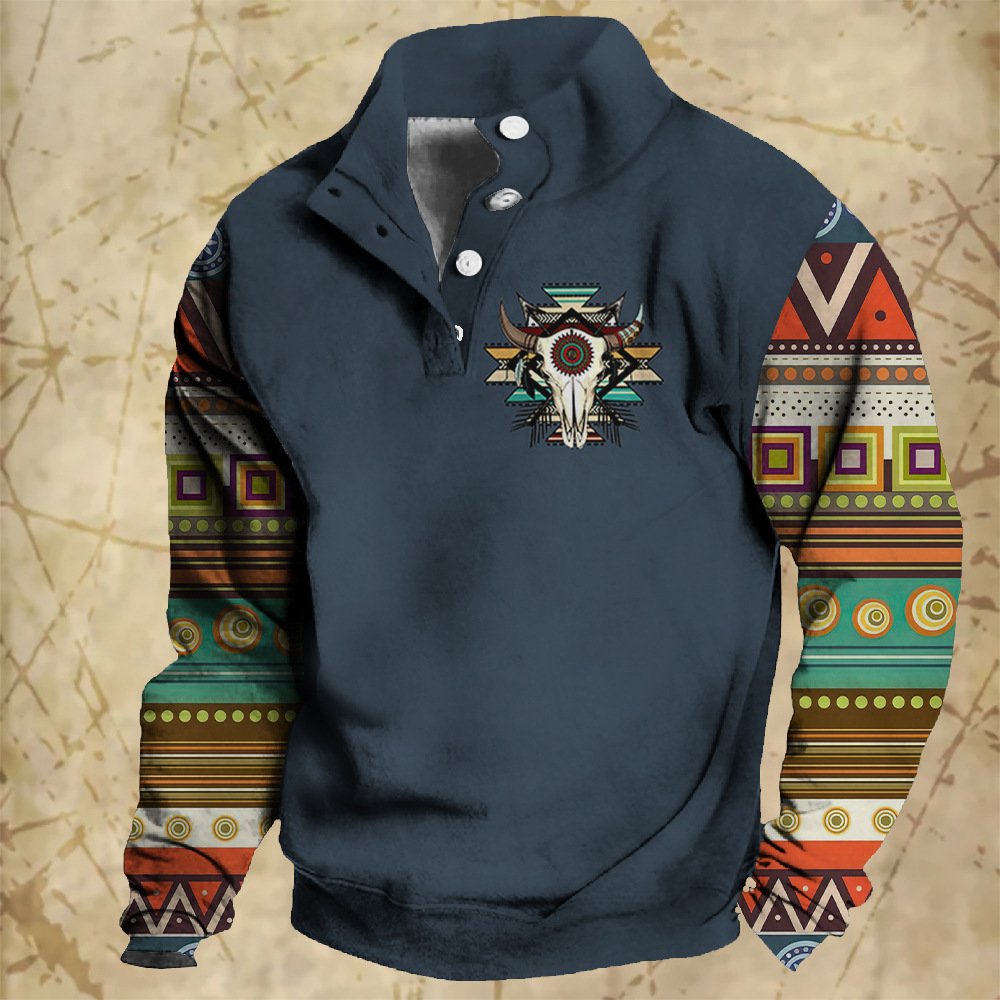 OEM custom men's hoodie fashion popular geometric tribal style stand-up collar button pullover loose street wear tops