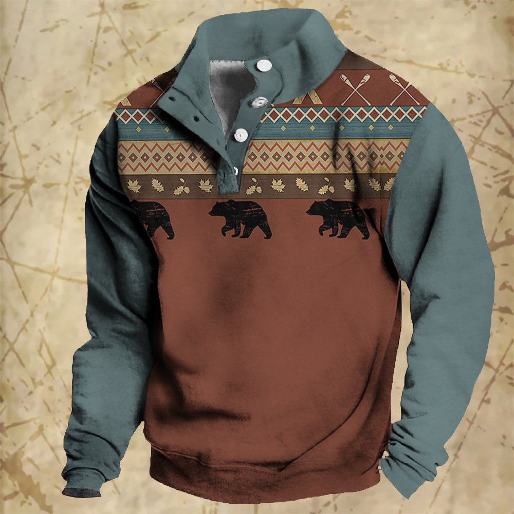 OEM custom men's hoodie fashion popular geometric tribal style stand-up collar button pullover loose street wear tops