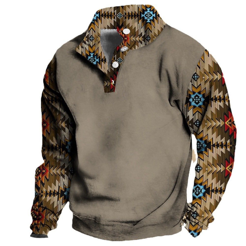 OEM custom men's hoodie fashion popular geometric tribal style stand-up collar button pullover loose street wear tops