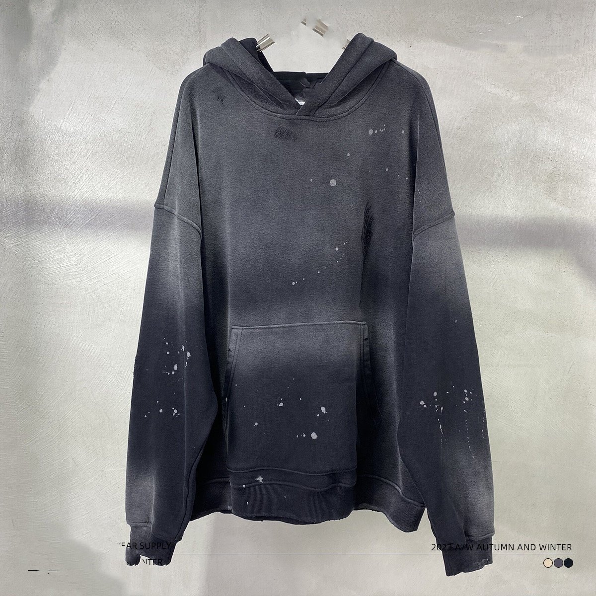 2024 autumn and winter custom hoodie new 360g spray monkey splash ink ripped and frayed vintage men's hoodie