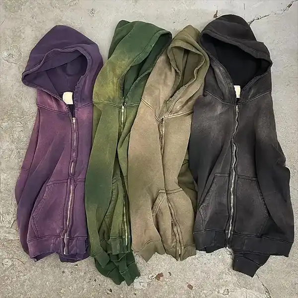 Custom Streetwear Heavyweight French Terry Blank Oversized Mens Vintage Acid Wash Sun Faded Distressed Full Zip Up Hoodie