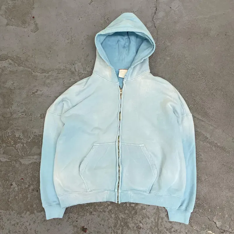 Custom Streetwear Heavyweight French Terry Blank Oversized Mens Vintage Acid Wash Sun Faded Distressed Full Zip Up Hoodie
