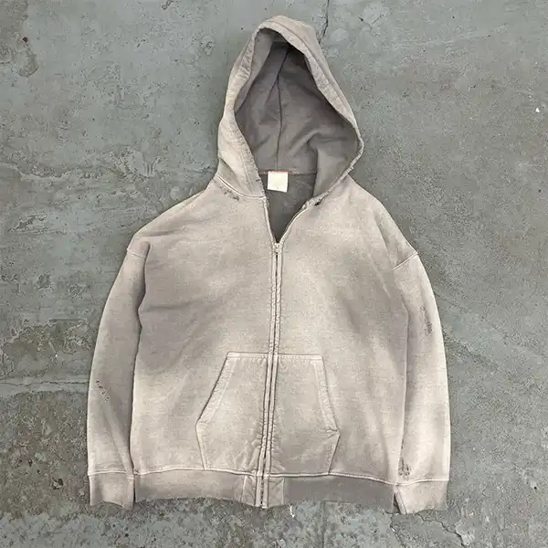 Custom Streetwear Heavyweight French Terry Blank Oversized Mens Vintage Acid Wash Sun Faded Distressed Full Zip Up Hoodie