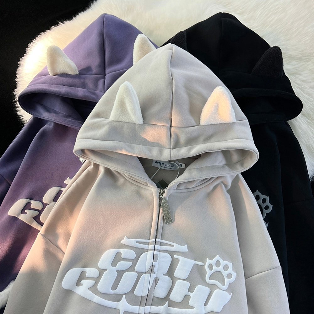 High quality heavyweight cotton plush cat ears pullover oversized hoodie drop shoulder sleeve custom 3d puff print zip up hoodie
