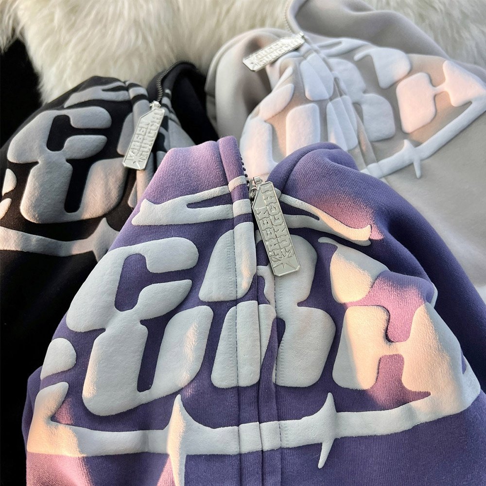 High quality heavyweight cotton plush cat ears pullover oversized hoodie drop shoulder sleeve custom 3d puff print zip up hoodie