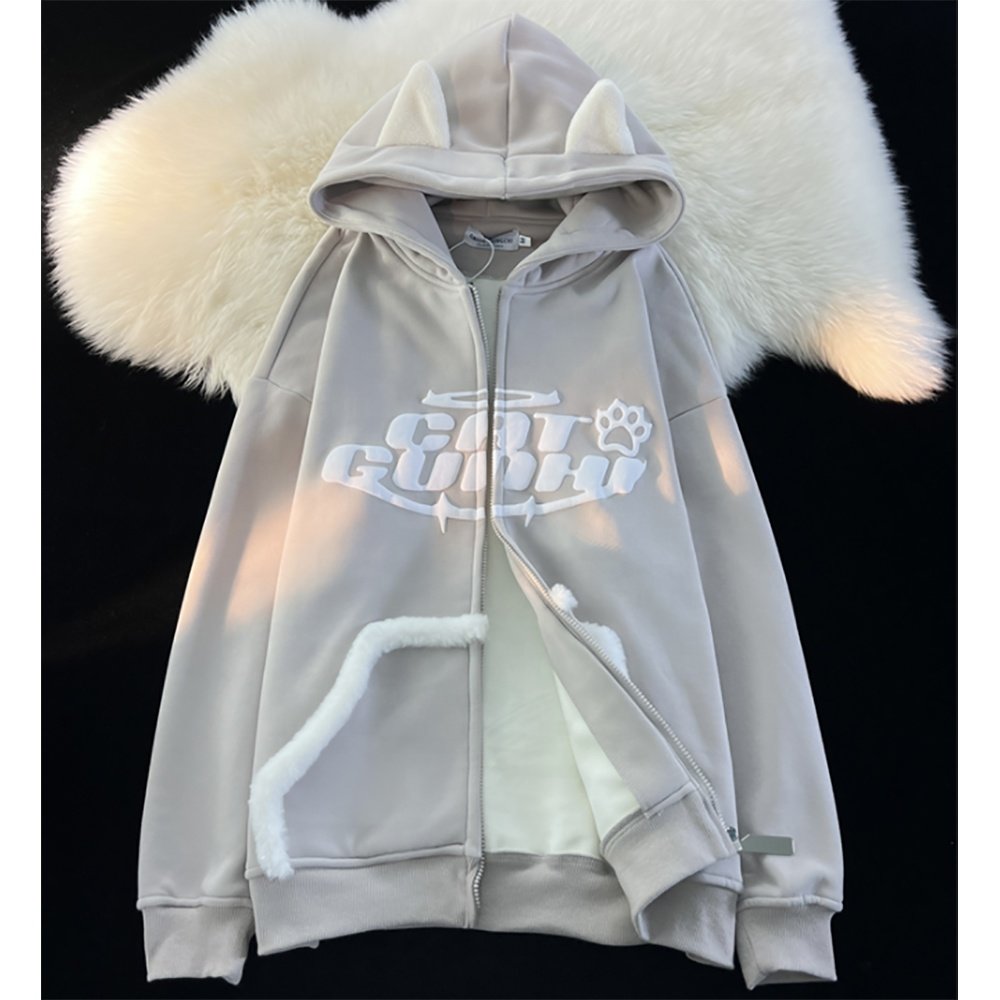 High quality heavyweight cotton plush cat ears pullover oversized hoodie drop shoulder sleeve custom 3d puff print zip up hoodie