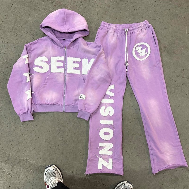 Customized Cotton Two Piece Applique Patch Embroidered Flared Sweatpants and Hoodie Street Oversized Acid Wash Sweatsuit