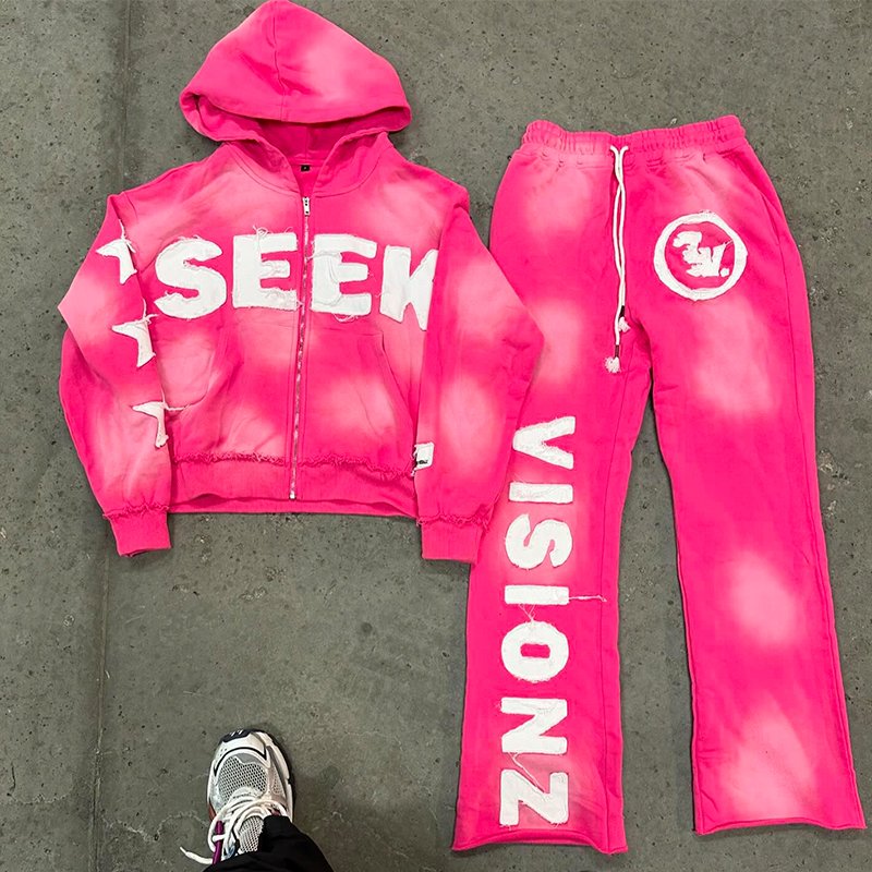 Customized Cotton Two Piece Applique Patch Embroidered Flared Sweatpants and Hoodie Street Oversized Acid Wash Sweatsuit