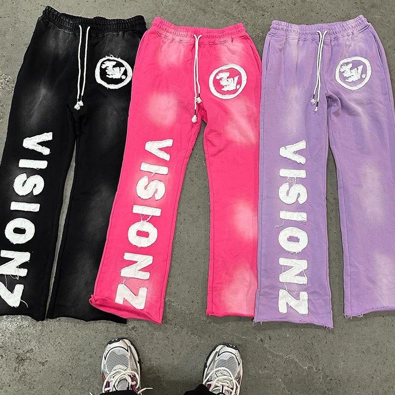 Customized Cotton Two Piece Applique Patch Embroidered Flared Sweatpants and Hoodie Street Oversized Acid Wash Sweatsuit