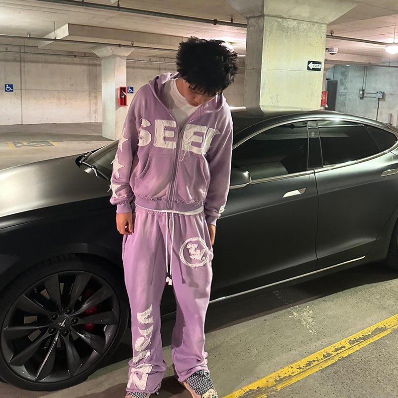 Customized Cotton Two Piece Applique Patch Embroidered Flared Sweatpants and Hoodie Street Oversized Acid Wash Sweatsuit