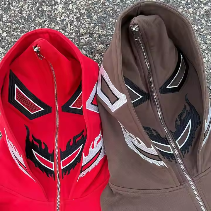 Oversized rough zipper hoodie custom rhinestone embroidery full face zipper men's hoodie powder puff print full zipper hoodie