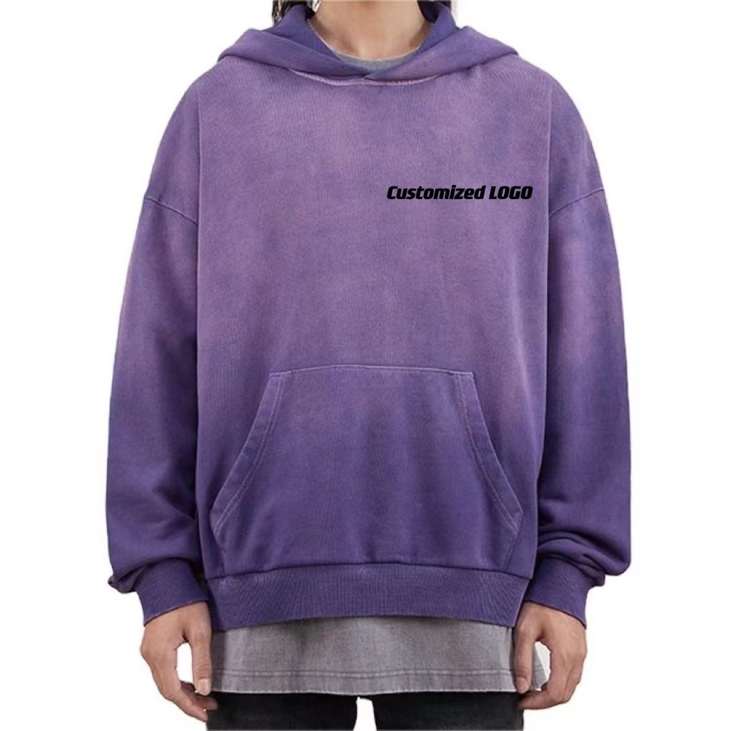 Custom Vintage Acid Wash Men's Hoodie Oversized Heavyweight Cotton Pullover Grey Blank Washed Clothing Hoodie For Men