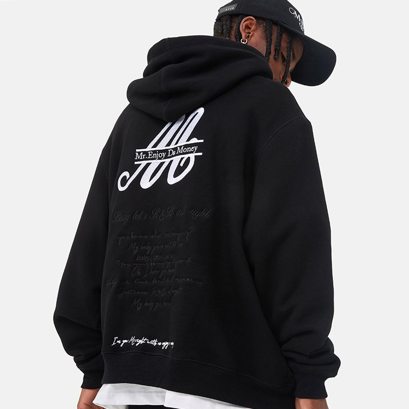 Custom logo men's hoodies drop shoulder oversized hoodie black back embroidered zip up hoodie