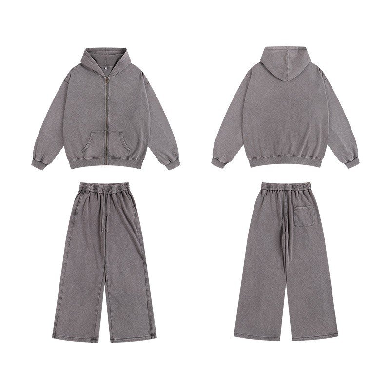 Custom print logo Streetwear Hoodie Sweat Pants suit Boxy Zip Up Vintage Double Layer Acid Wash Sun Faded Distressed Hoodies