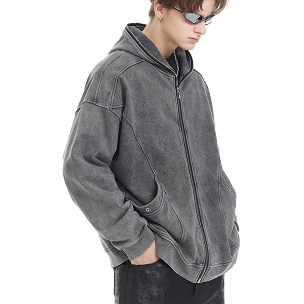 Wholesale French Terry Acid Wash Grey Hoodie 100% Cotton Distressed Full Zip Up Hoodie Blank Hoodie for Men
