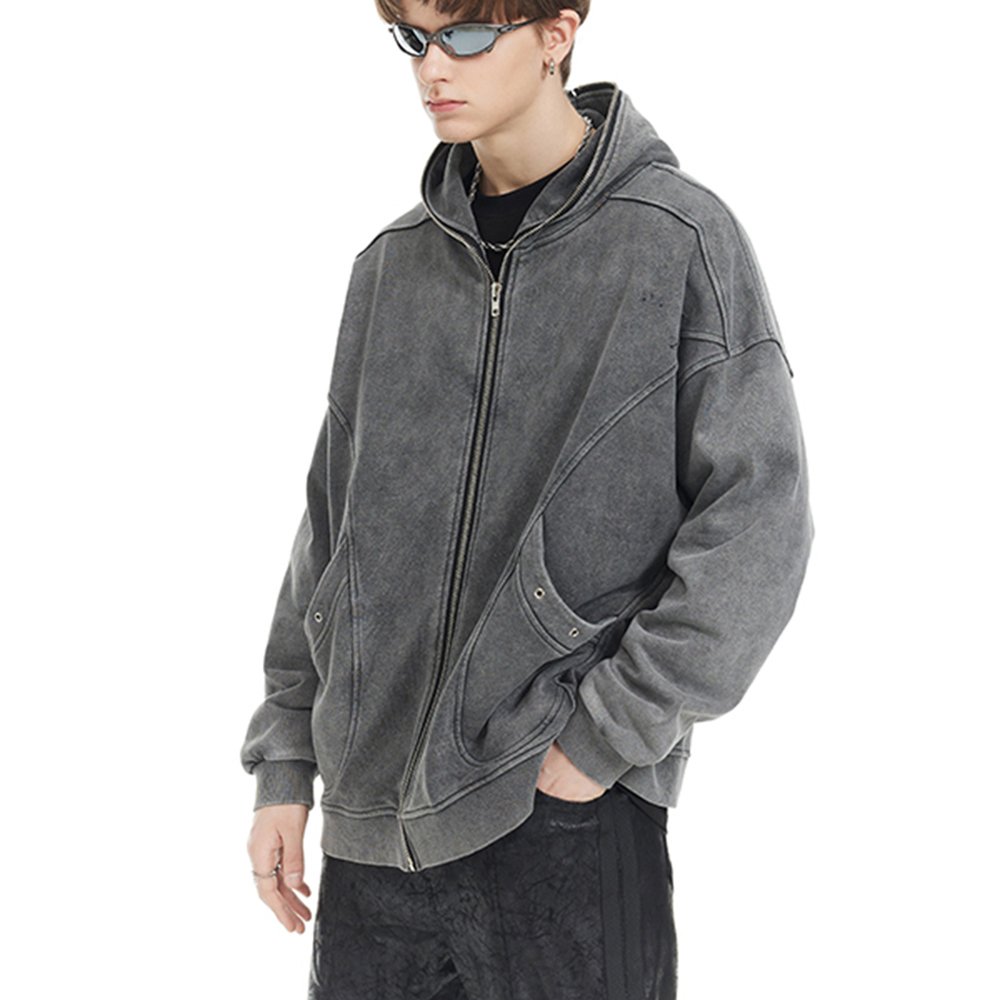 Wholesale French Terry Acid Wash Grey Hoodie 100% Cotton Distressed Full Zip Up Hoodie Blank Hoodie for Men