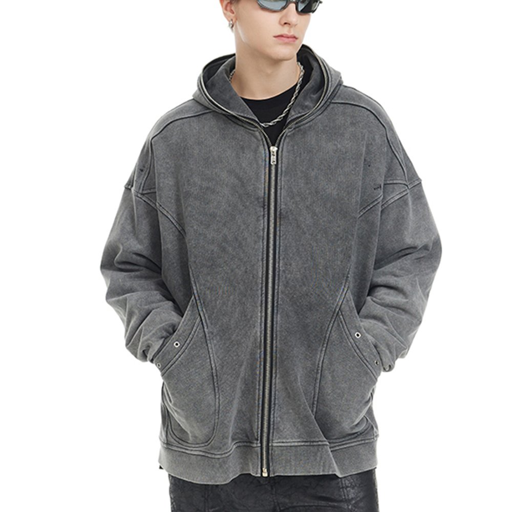 Wholesale French Terry Acid Wash Grey Hoodie 100% Cotton Distressed Full Zip Up Hoodie Blank Hoodie for Men