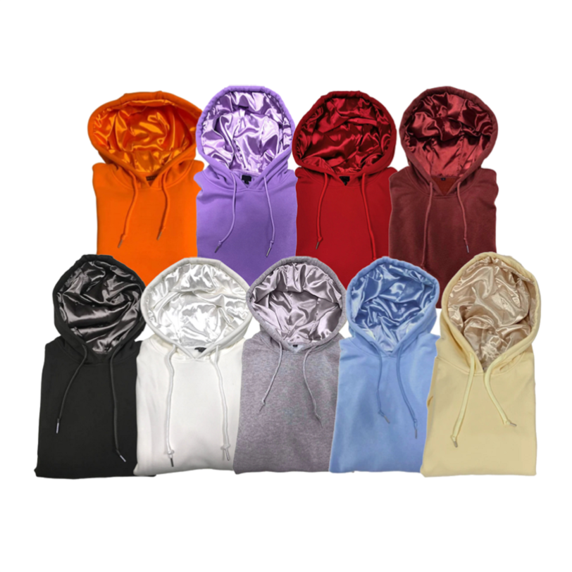 wholesale unisex high quality OEM silk satin lined luxury 320gsm fashion workout organic cotton satin hooded hoodies