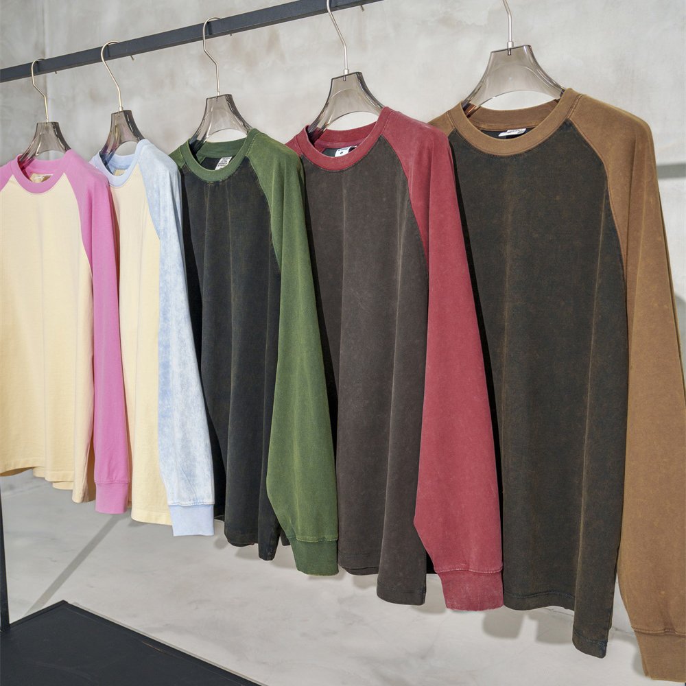 High Quality 100% Cotton Contrast shoulder wash 285Gsm Heavyweight Sweatshirt Long Sleeve Round Neck Sweatshirt